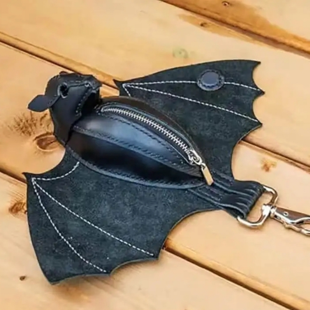 NWT Bat Bag Belt Charm Coin Purse Key Chain Black Faux Leather - Picture 2 of 8